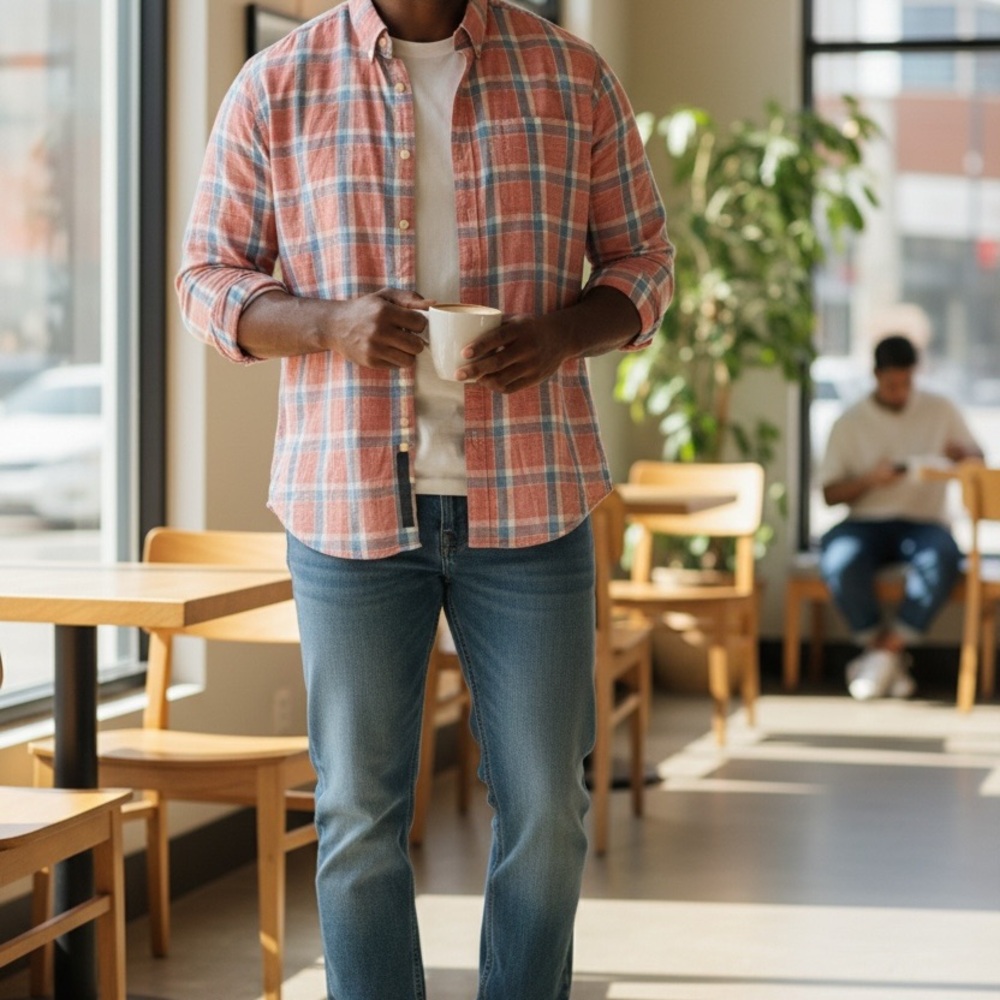XXL Orange Blue Plaid Long Sleeve Button Down Shirt